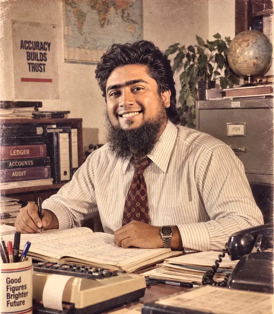 A playful retro-styled photo of Mehedi at an accountant's desk